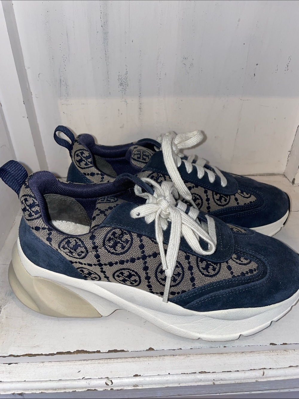 Tory Burch Monogram Platform Sneakers in Navy and Cream
